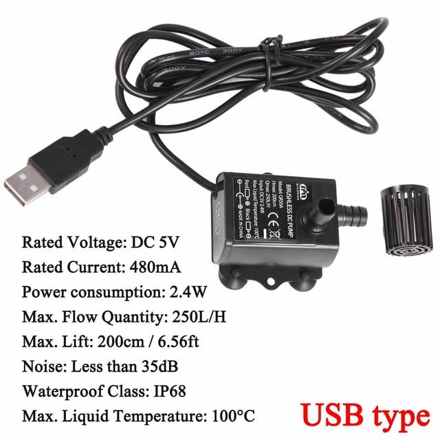 Decdeal Ultra-quiet Mini Brushless DC/USB Water Pump 5/12V 5-10W 250-400L/H Lift 300cm Submersible Fountain Aquarium Circulating