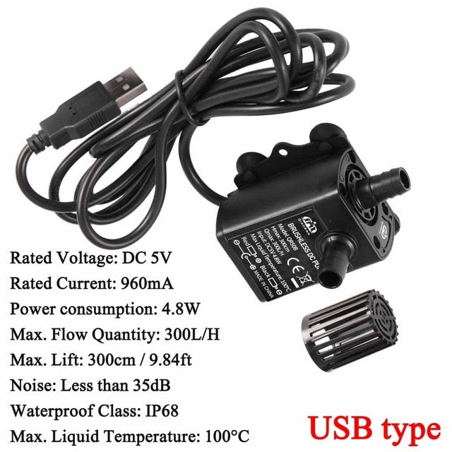 Decdeal Ultra-quiet Mini Brushless DC/USB Water Pump 5/12V 5-10W 250-400L/H Lift 300cm Submersible Fountain Aquarium Circulating