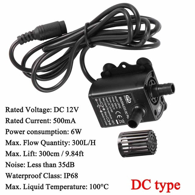 Decdeal Ultra-quiet Mini Brushless DC/USB Water Pump 5/12V 5-10W 250-400L/H Lift 300cm Submersible Fountain Aquarium Circulating