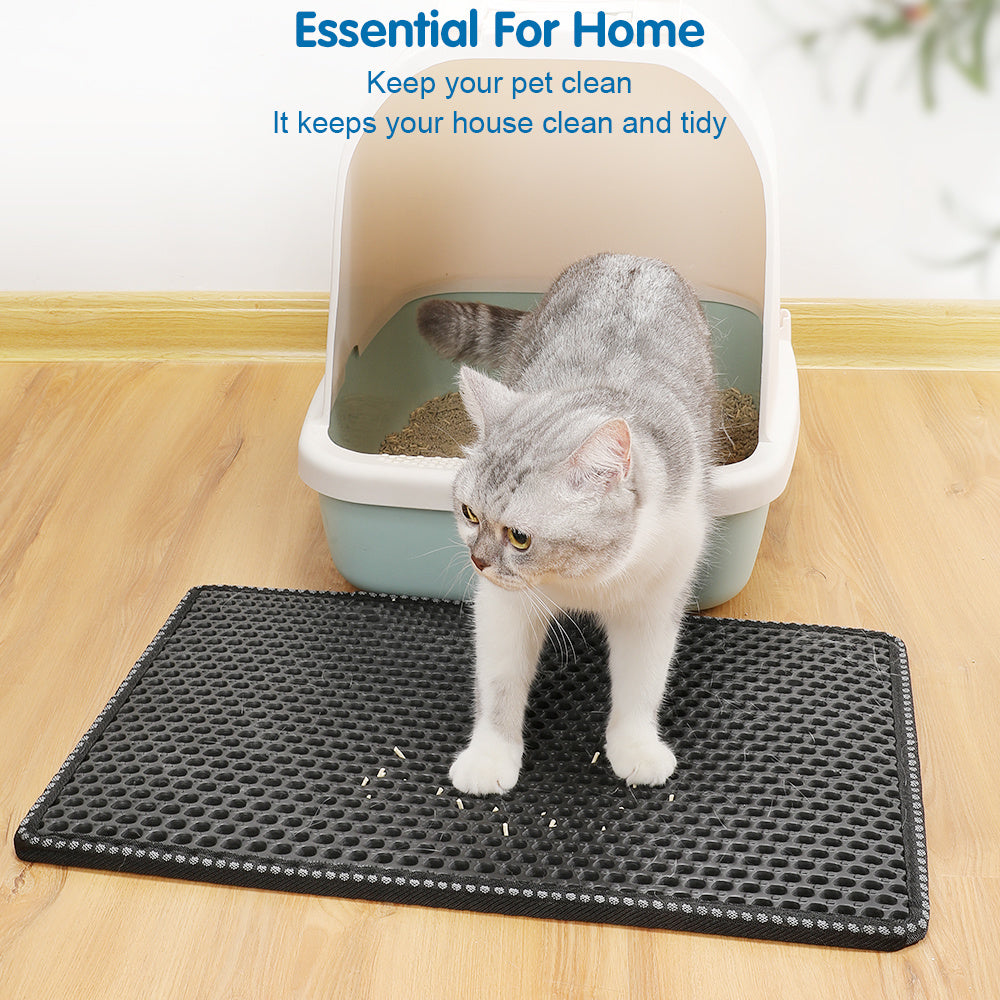 Cat Litter Mat, Kitty Litter Trapping Mat, Double Layer Mats with MiLi Shape Scratching design, Urine Waterproof, Easy Clean, Scatter Control 21" x 14" Black