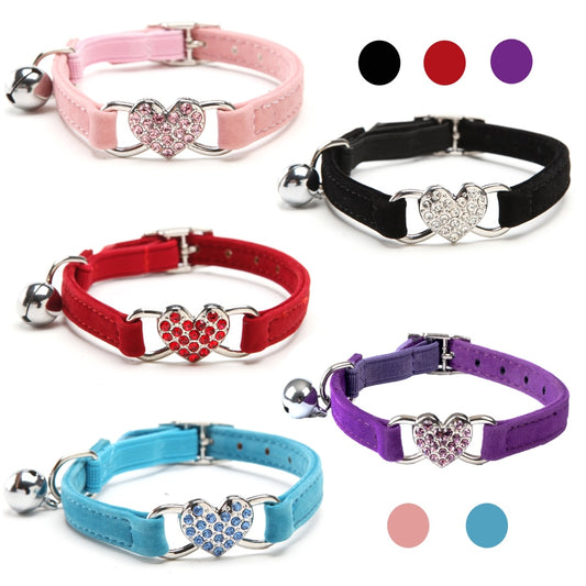 Heart Charm and Bell Cat/Dog Collar Safety Elastic Adjustable with Soft Velvet Material 5 colors